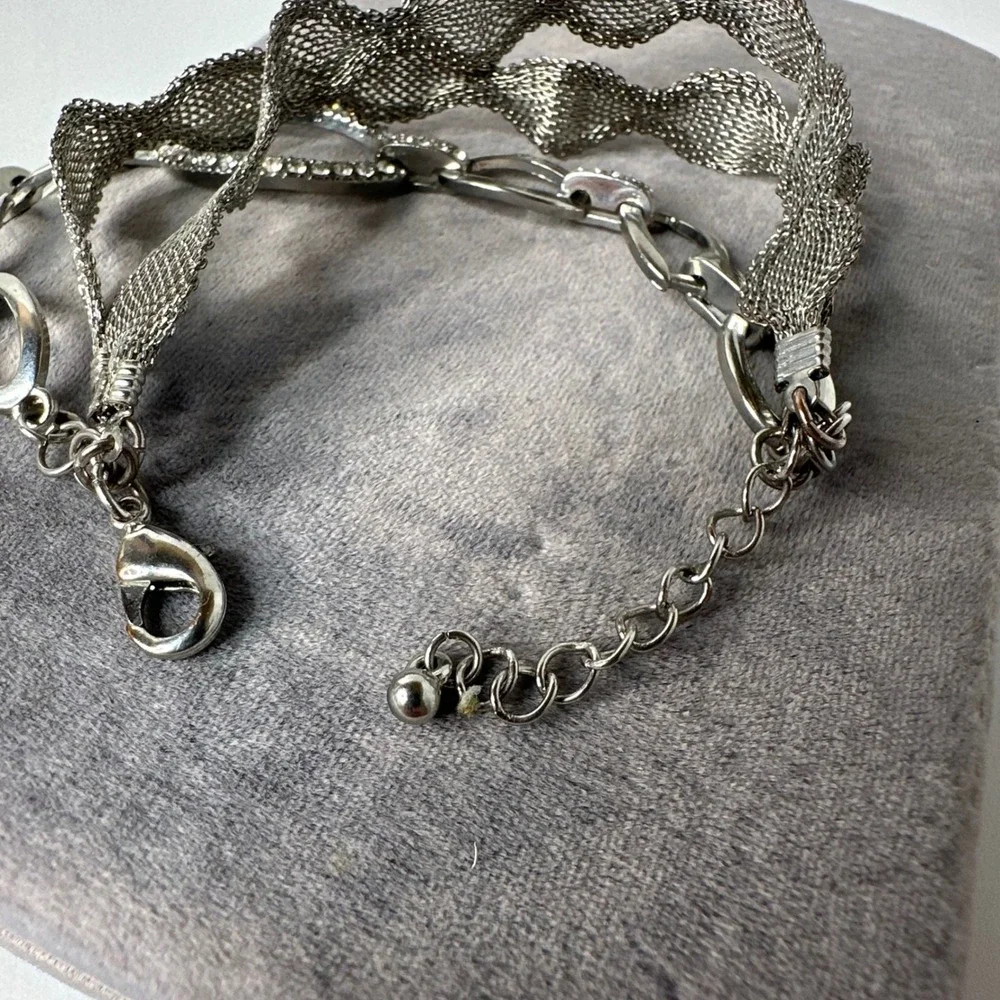 Layered Silver Tone Mesh Bracelet Multi‎ Strand Rhinestone Oval Statement Event